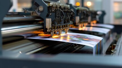 High-tech printing process shows vibrant colors being applied to sheets in a modern printing facility