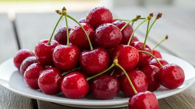 Freshly Washed Red Cherries on a White Plate, Ready to Eat.