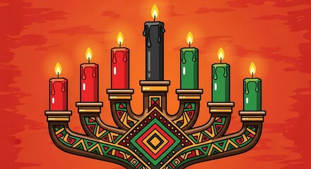 Kwanzaa Celebration - Kinara with Lit Candles and African Symbols.