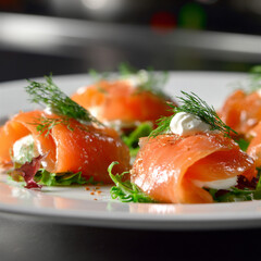 A close-up of artisanal smoked salmon canapés, beautifully arranged on a white plate. Each piece is composed of a crisp bread base topped with creamy cheese, a delicate slice of smoked salmon, microgr