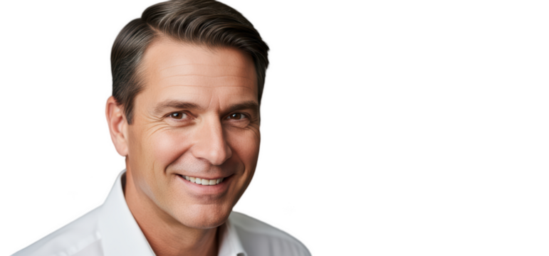 A close-up portrait of a smiling man with short hair, wearing a white shirt, against transparent background