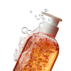 Liquid soap bottle with bubbles A vibrant and clean image of an orange-tinted liquid soap bottle submerged in water with bubbles. The product appears fresh, hygienic, and ready for skincare or handwas