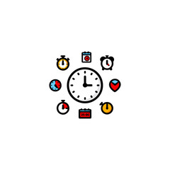 A set of colorful line icons representing time management, scheduling, and various clocks