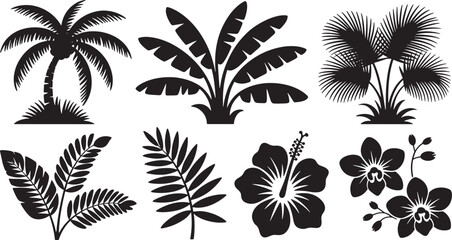 Black silhouette tropical plants and flowers collection palm banana orchid hibiscus leaves black and white