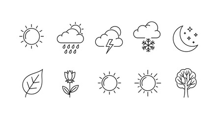Weather and Nature Icons - Sun, Rain, Lightning, Snow, Moon, Leaf, Flower, Tree.