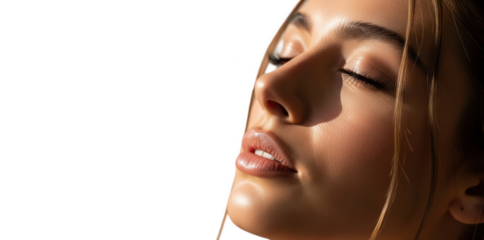 A close-up of a woman's face with her eyes closed and long blonde hair blowing in the wind, against transparent background