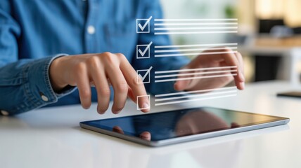 Person hands interacting with a digital tablet and checklist. The image portrays modern technology usage for task completion and evaluation