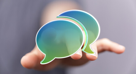 Person holding speech bubble icons, concept of communication, chatting, messaging, support, social media. Perfect for web design, business and m