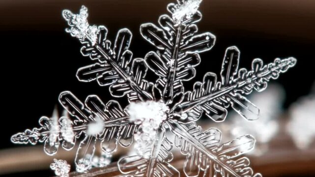 Close-up of a delicate snowflake resting on a thin branch, showcasing intricate details and winter beauty