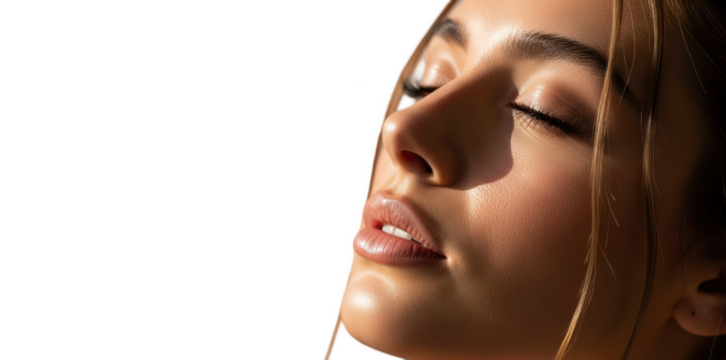 A close-up of a woman's face with her eyes closed and long blonde hair blowing in the wind, against transparent background