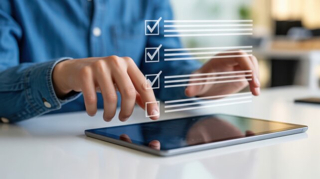 Person hands interacting with a digital tablet and checklist. The image portrays modern technology usage for task completion and evaluation