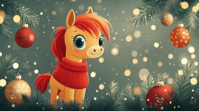 cartoon horse beautiful on a Christmas background holiday new year
