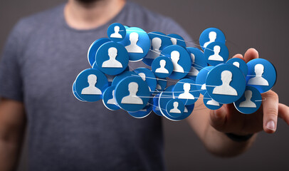 Abstract image showing network connection with person icons linked between each other over dark background. Represents social connections and di