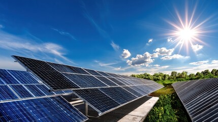 Solar panels capture sunlight in a green landscape under a bright blue sky