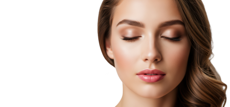 A close-up portrait of a woman with long, wavy brown hair and closed eyes, showcasing smooth skin and soft lips, against transparent background