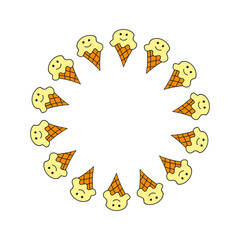 Cute round frame with doodle groovy ice cream cones isolated on white background.