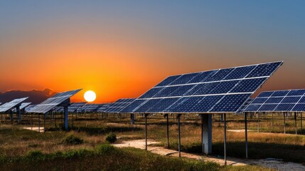 Solar panels capture sunlight at sunset in a renewable energy field
