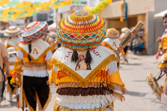 Sonajeros dancers wearing colorful traditional costumes, in the popular festival honoring Saint Joseph and the Holy Family in Zapotlan el grande, Ciudad Guzm&aacute;n, Jalisco, Oct.2, 2025. Tuxpan