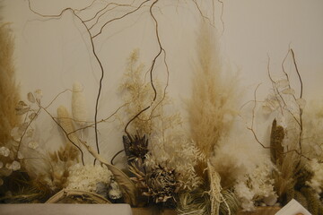 Assorted dried flowers and bare twigs arranged against neutral wall background.