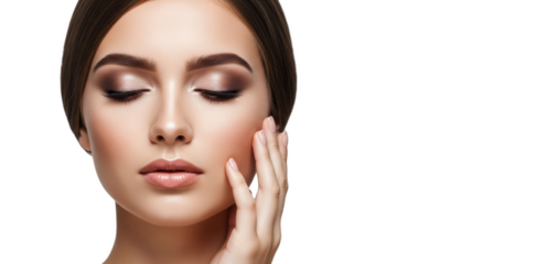 A close-up of a woman's face with her hands touching her cheeks, against transparent background