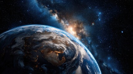 View of Earth from space with a stunning galaxy backdrop and bright stars twinkling in the night sky