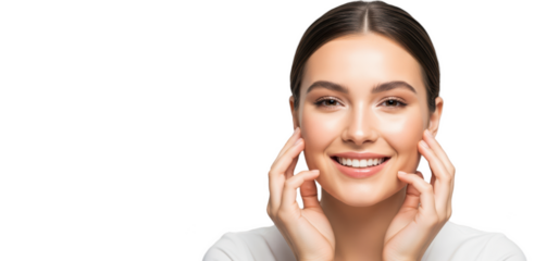 A woman smiling with her hands touching her teeth, against transparent background