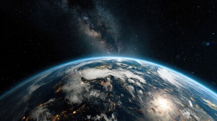 Earth seen from space with bright city lights and a starry sky in the background at nighttime