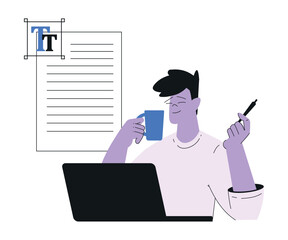 Man Work with Text Editing and Writing Article on Laptop Vector Illustration