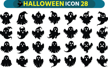 Collection of 28 silhouetted halloween ghost icons with various expressions and poses