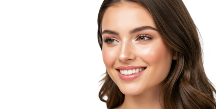 A close-up portrait of a young woman with long brown hair, smiling brightly, against transparent background