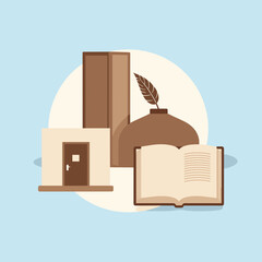 Decorative objects including book, jar, and door on pastel background  