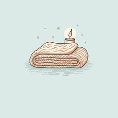 Cozy candle on a soft blanket with light glowing softly  