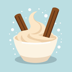 Creamy dessert in bowl with cinnamon sticks on pastel background  