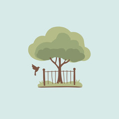 Tree with a bird perched beside a wooden fence in a simple style  