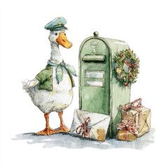 Cute watercolor duck mailman illustration made with Generative AI	