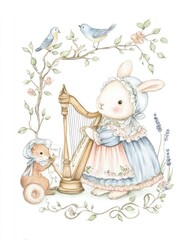 A bunny playing the harp watercolor illustration made with Generative AI
