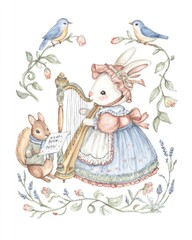 A bunny playing the harp watercolor illustration made with Generative AI