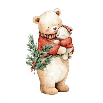 Cute watercolor bear with baby bear and presents illustration made with Generative AI