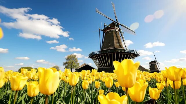 Bright Yellow Tulips in Front of a Classic Windmill Under Blue Sky