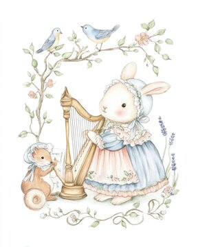 A bunny playing the harp watercolor illustration made with Generative AI