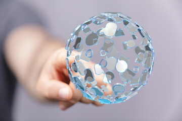 Abstract image of a person touching a digital network of social media icons, representing communication and social connection.