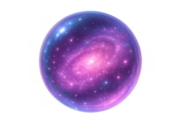 Clear sphere containing a vibrant purple and blue galaxy with sparkling stars, transparent background