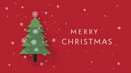 Merry Christmas Text with Snowflakes and Pine Tree on Red Background &ndash; Winter Festival Celebration Concept