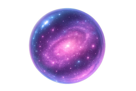 Clear sphere containing a vibrant purple and blue galaxy with sparkling stars, transparent background - Powered by Adobe