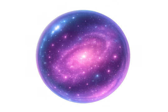 Clear sphere containing a vibrant purple and blue galaxy with sparkling stars, transparent background