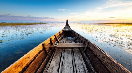 Experience tranquility from a wooden boat gliding across a serene lake at sunset, surrounded by calm waters and nature's beauty