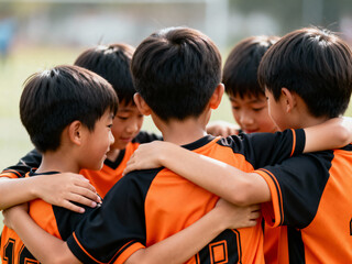kids football players forming group huddle for motivation