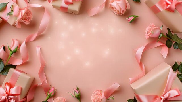 Pink roses and gift wrap on soft pink background