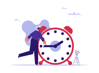 Deadline and time management concept, businessman trying to stop the time or pushed the time back. fights with an alarm clock