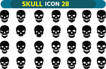 Collection of 28 black skull icons on white background for halloween and gothic designs